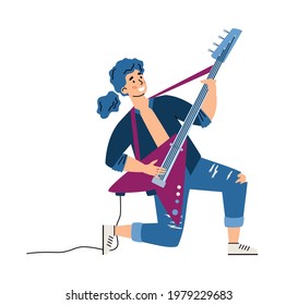 Rock guitarist male cartoon character vector illustration isolated on white background. Rock or rock and roll musician with guitar standing on one knee.