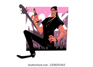 Rock guitarist on stage with bottle of beverage. Charismatic guitarist performing.