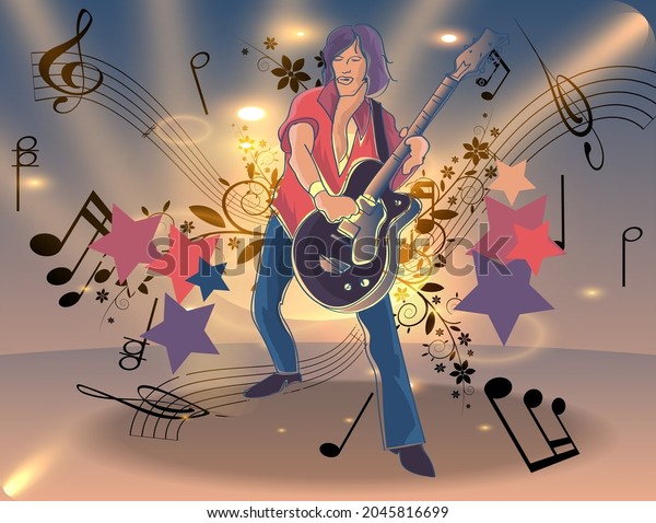 a rock guitarist on stage plays his guitar among notes, staves, floral abstract elements, stars, rays of light, glare and glow. colorful vintage wall mural wallpaper. vector.