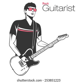 Rock guitarist playing with electric guitar. Isolated vector silhouette for poster and placard backgrounds. Alternative rock music style.