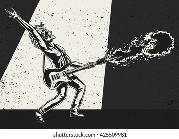 Rock Guitarist playing the electric guitar with Flame shooting out