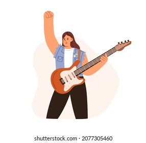 Rock guitarist playing music with electric guitar. Woman standing, performing solo. Modern string instrument player with hands up at performance. Flat vector illustration isolated on white background