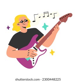 Rock guitarist playing music with electric guitar. Character performing solo part. Modern string instrument player and rock band member. Flat vector illustration