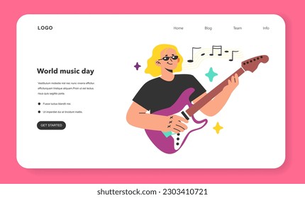 Rock guitarist playing music with electric guitar web banner or landing page. Character performing solo part. Modern string instrument player and rock band member. Flat vector illustration