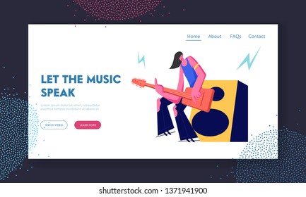 Rock Guitarist Playing on Electric Guitar Standing near Huge Dynamic on Stage. Artist with Guitar Performing in Music Club. Website Landing Page, Web Page. Cartoon Flat Vector Illustration, Banner