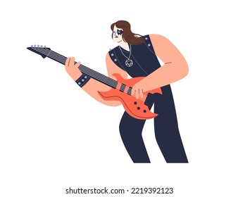 Guitarrista de rock tocando solo con guitarra eléctrica. Músico de metal tocando música en instrumentos de cuerdas. Rocker con maquillaje facial y conjunto de cuero. Ilustración vectorial plana aislada en fondo blanco