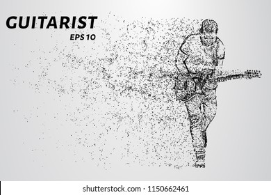 Rock guitarist plays at the concert. The guitarist consists of dots and circles