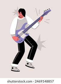 Rock guitarist plays music with electric guitar on concert. Rock-n-roll artist performance. Modern string instrument player. Flat vector illustration isolated on beige background.