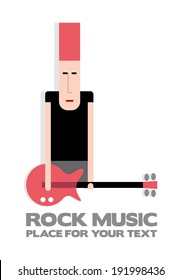 Rock guitarist with red guitar and red hair, punk, vector cartoon illustration