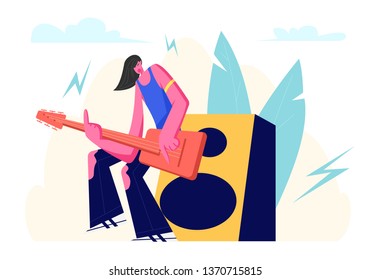 Rock Guitarist Waring Ragged Jeans Playing on Electric Guitar Standing near Huge Dynamic on Stage. Artist with Guitar Performing Concert in Music Hall or Night Club. Cartoon Flat Vector Illustration