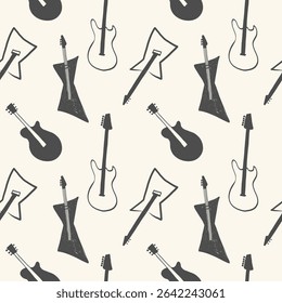 Rock Guitars seamless pattern. Background with hand drawn Musical instrument, rock and roll, concert, punk music. Decorative textured ornament for packaging design, label, print, packing, flyer
