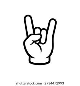 Gesto de mão de rocha ilustração em preto e branco sinal de chifre de metal pesado isolado no fundo branco. Gesto de mão de rocha vetorial. Ícone de gesto de mão de rocha. Símbolo de gesto de mão de rocha.