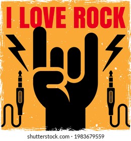 Rock Hand Geste hellfarbiges quadratisches Banner mit Text in love rock und zwei Audiobuchsen