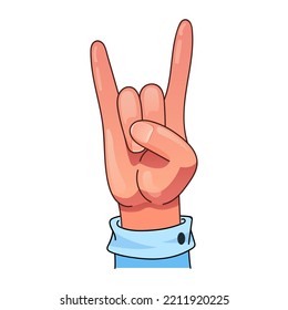 Rock hand gesture in cartoon style. Vector illustration isolated on white background.