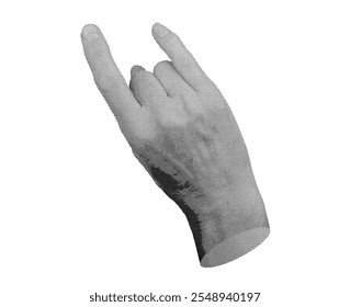 Rock hand gesture with fingers forming the devil horns, isolated in retro halftone dot style. Nostalgic 1990s inspired symbol of heavy metal music and concerts. Vintage grunge