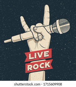 Rock hand gesture holding microphone with live rock caption. Rock and roll music live concert or party poster or flyer concept template design. Vintage styled vector illustration.