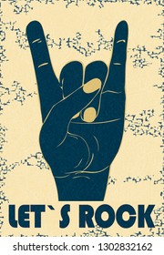 Rock hand gesture, horn. Let`s rock. Stylish template for banner, poster, flier. Fan of hard rock. Isolated on yellow background with scratched texture, grunge. Vector with noise, marble backdrop. 