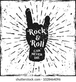 Rock hand gesture of horns music print or label with quote rock and roll can never die vector illustration on textured background