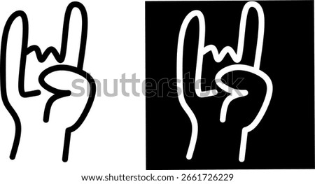 Rock hand gesture icon in black and white outline style, symbolizing music, energy, or rebellion. Ideal for concerts, fan culture, or edgy graphic design themes.
