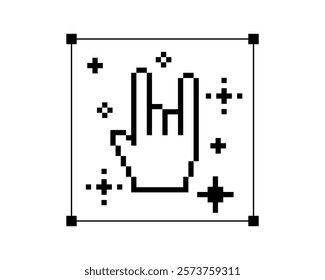 Rock hand gesture icon. Pixel y2k trendy sticker. 8 bit rockstar sign. Abstract game element. Cool retro pixel art vector illustration for music festival, party, concert. Punk, pop. White background