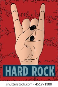 Rock hand gesture on red background