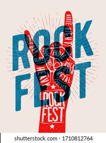 Rock hand gesture silhouette with rock fest caption. Live rock and roll music party or event or concert of festival poster concept. Vector illustration