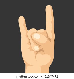 Rock hand gesture. Sing of the horns. Realistic vector hand with rock sign. Vector illustration isolated on black background