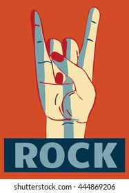Rock hand gesture. Stylish template  for slogan, poster,  flier or etc. Vector illustration isolated on red background 