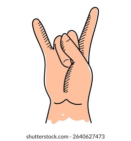 Rock hand gesture vector isolated. Hand-drawn illustration of a hand showing heavy metal sign. Fingers as devil horns. Rock party.