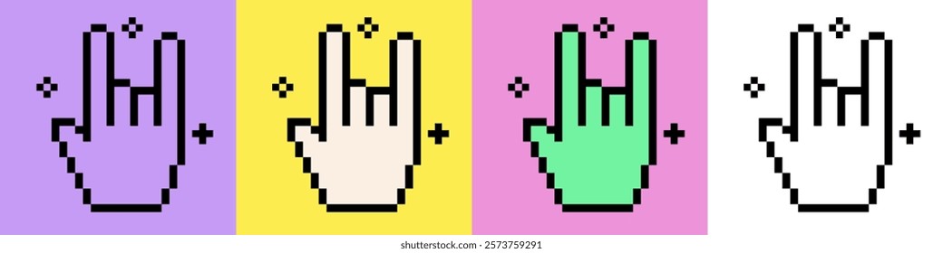 Rock hand icon set. Pixel art pattern for concert, music festival, party. Y2k cool badge element. Geometric bright modern shape for collage sticker, poster, stamp. Vector illustration. Retro 90s style