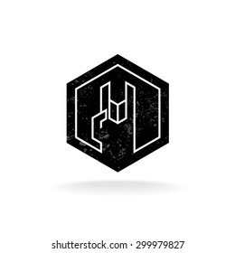 Rock hand linear style hex geometric logo with grunge noise