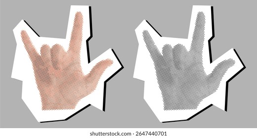 Mão de rocha posar pontilhado elemento de colagem em um vetor de papel rasgado, criado com pontilhismo. Uma representação dinâmica e artística para música, rebelião, entusiasmo ou declarações poderosas com uma textura única.