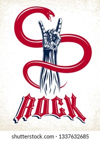 Rock hand sign with aggressive snake, hot music Rock and Roll gesture and serpent, Hard Rock festival concert or club, vector label emblem or logo, musical instruments shop or recording studio.