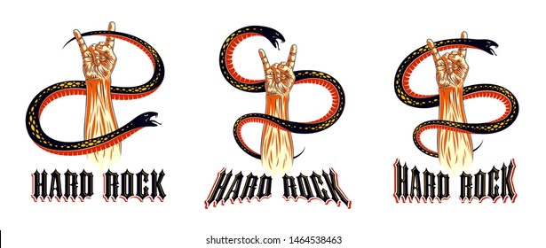 Rock hand sign with aggressive snake set, hot music Rock and Roll gesture and serpent, Hard Rock festival concert or club, vector labels emblems or logos, musical instruments shop.