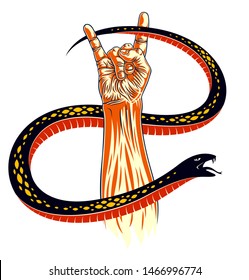 Rock hand sign with aggressive snake, hot music Rock and Roll gesture and serpent, Hard Rock festival concert or club, vector label emblem or logo, musical instruments shop or recording studio.