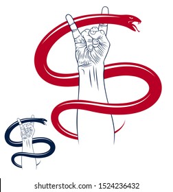 Rock hand sign with aggressive snake, hot music Rock and Roll gesture and serpent, Hard Rock festival concert or club, vector label emblem or logo, musical instruments shop or recording studio.