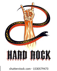 Rock hand sign with aggressive snake, hot music Rock and Roll gesture and serpent, Hard Rock festival concert or club, vector label emblem or logo, musical instruments shop or recording studio.