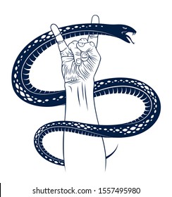 Rock hand sign with aggressive snake, hot music Rock and Roll gesture and serpent, Hard Rock festival concert or club, vector label emblem or logo, musical instruments shop or recording studio.