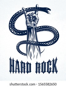 Rock hand sign with aggressive snake, hot music Rock and Roll gesture and serpent, Hard Rock festival concert or club, vector label emblem or logo, musical instruments shop or recording studio.