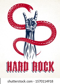 Rock hand sign with aggressive snake, hot music Rock and Roll gesture and serpent, Hard Rock festival concert or club, vector label emblem or logo, musical instruments shop or recording studio.