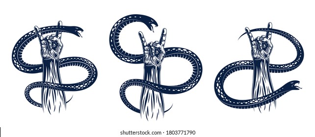 Rock hand sign with aggressive snake set, hot music Rock and Roll gesture and serpent, Hard Rock festival concert or club, vector labels emblems or logos, musical instruments shop.