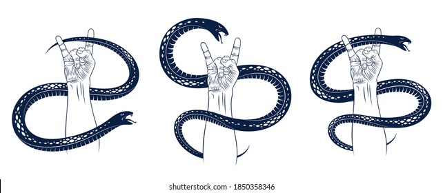 Rock hand sign with aggressive snake set, hot music Rock and Roll gesture and serpent, Hard Rock festival concert or club, vector labels emblems or logos, musical instruments shop.