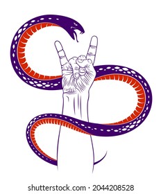 Rock hand sign with aggressive snake, hot music Rock and Roll gesture and serpent, Hard Rock festival concert or club, vector label emblem or logo, musical instruments shop or recording studio.