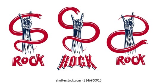 Rock hand sign with aggressive snake set, hot music Rock and Roll gesture and serpent, Hard Rock festival concert or club, vector labels emblems or logos, musical instruments shop.