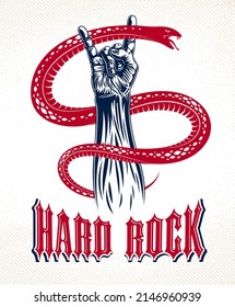 Rock hand sign with aggressive snake, hot music Rock and Roll gesture and serpent, Hard Rock festival concert or club, vector label emblem or logo, musical instruments shop or recording studio.