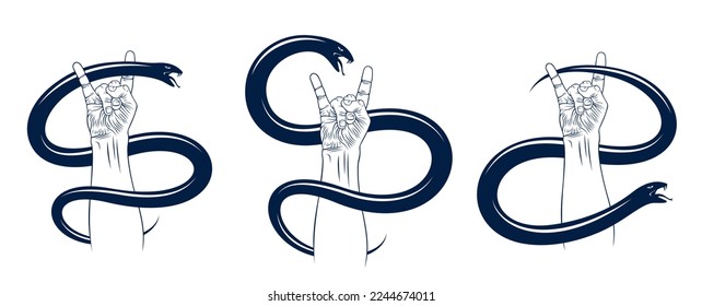 Rock hand sign with aggressive snake set, hot music Rock and Roll gesture and serpent, Hard Rock festival concert or club, vector labels emblems or logos, musical instruments shop.