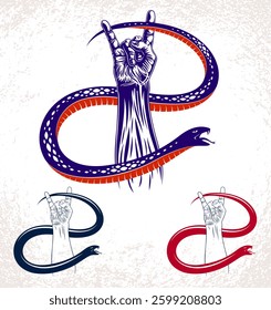 Rock hand sign with aggressive snake, hot music Rock and Roll gesture and serpent, Hard Rock festival concert or club, vector label emblem or logo, musical instruments shop or recording studio.
