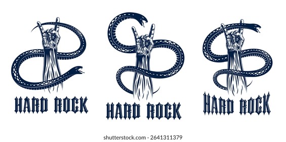 Rock hand sign with aggressive snake set, hot music Rock and Roll gesture and serpent, Hard Rock festival concert or club, vector labels emblems or logos, musical instruments shop.