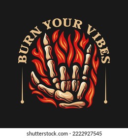 Rock hand sign burning logo badge lettering quotes. bone retro old school tshirt design