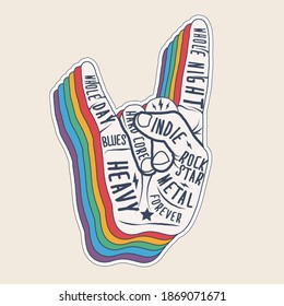 Rock Hand Sign Gesture Silhouette With Retro Styled Rainbow Shadow. Rock Music Sticker Or Label Or Badge Or T-shirt Design Template. Vector Illustration